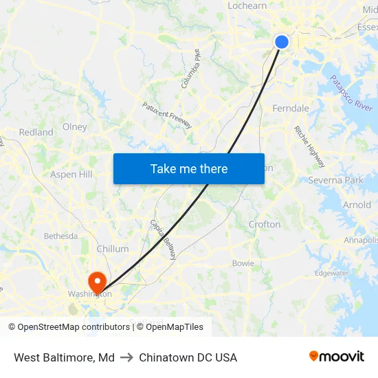 West Baltimore, Md to Chinatown DC USA map