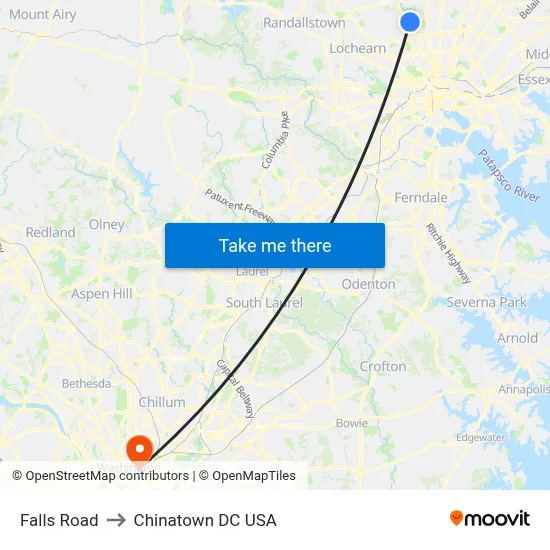 Falls Road to Chinatown DC USA map