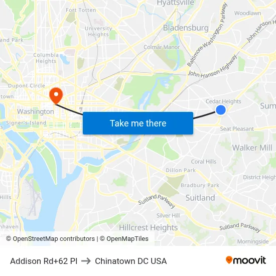 Addison Rd+62 Pl to Chinatown DC USA map
