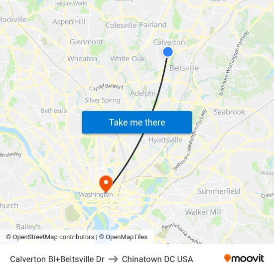 Calverton Bl+Beltsville Dr to Chinatown DC USA map