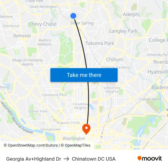 Georgia Av+Highland Dr to Chinatown DC USA map