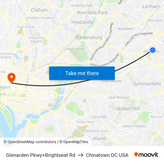 Glenarden Pkwy+Brightseat Rd to Chinatown DC USA map