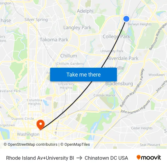 Rhode Island Av+University Bl to Chinatown DC USA map