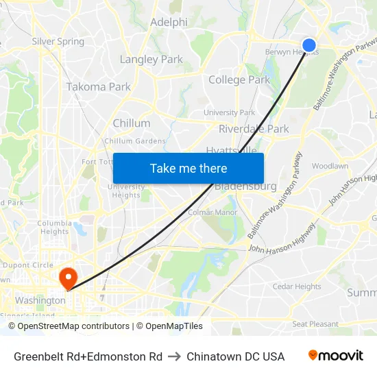 Greenbelt Rd+Edmonston Rd to Chinatown DC USA map