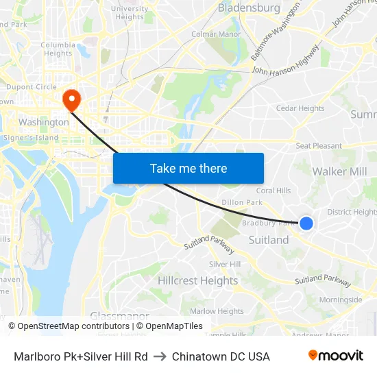 Marlboro Pk+Silver Hill Rd to Chinatown DC USA map