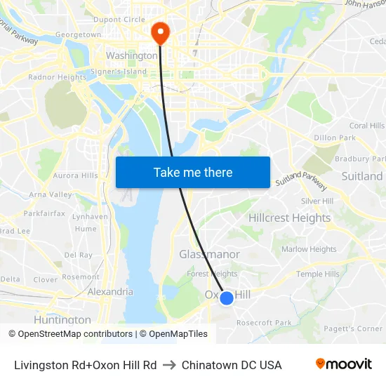 Livingston Rd+Oxon Hill Rd to Chinatown DC USA map