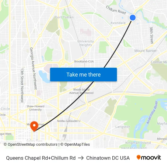 Queens Chapel Rd+Chillum Rd to Chinatown DC USA map