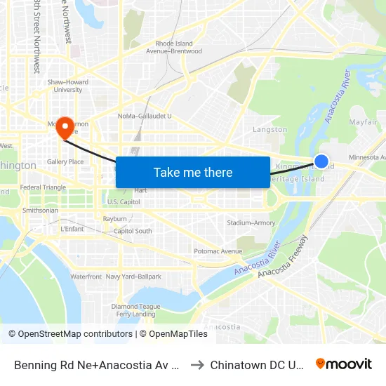 Benning Rd Ne+Anacostia Av NE to Chinatown DC USA map