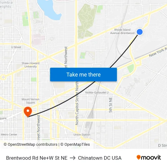 Brentwood Rd Ne+W St NE to Chinatown DC USA map