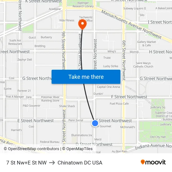 7 St Nw+E St NW to Chinatown DC USA map