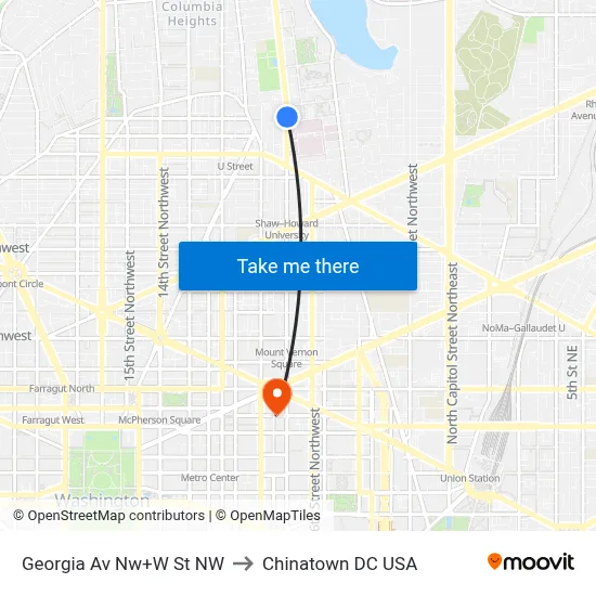 Georgia Av Nw+W St NW to Chinatown DC USA map