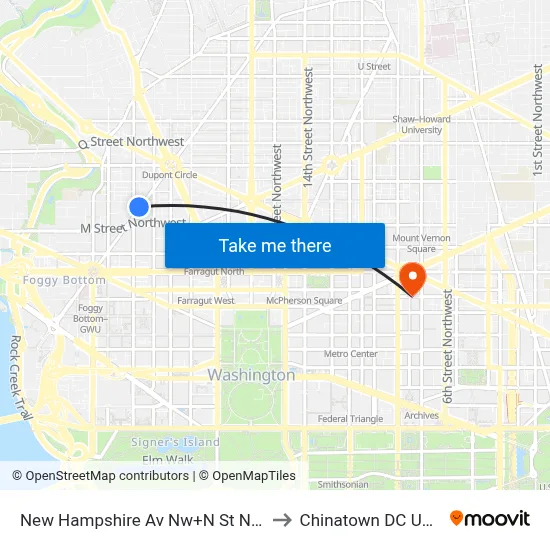 New Hampshire Av Nw+N St NW to Chinatown DC USA map