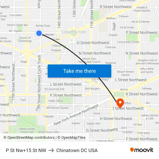 P St Nw+15 St NW to Chinatown DC USA map