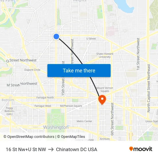 16 St Nw+U St NW to Chinatown DC USA map