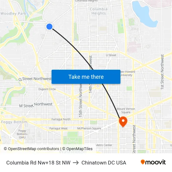 Columbia Rd Nw+18 St NW to Chinatown DC USA map