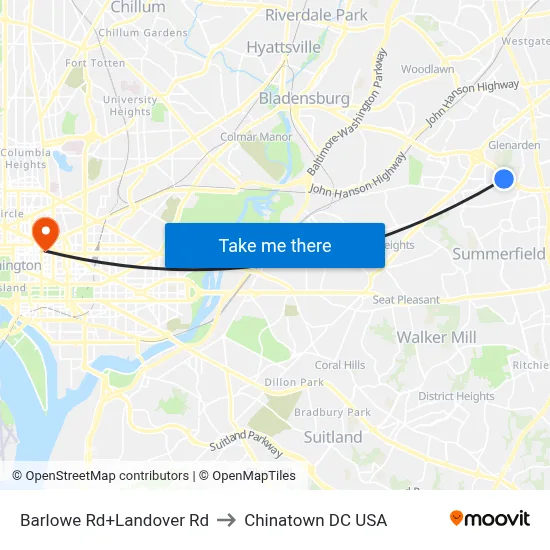 Barlowe Rd+Landover Rd to Chinatown DC USA map