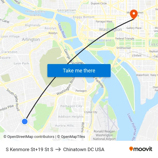 S Kenmore St+19 St S to Chinatown DC USA map