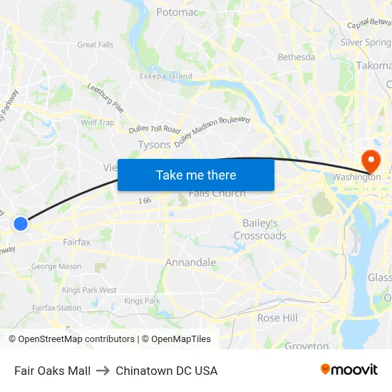Fair Oaks Mall to Chinatown DC USA map