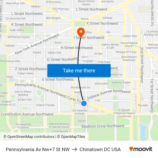 Pennsylvania Av Nw+7 St NW to Chinatown DC USA map