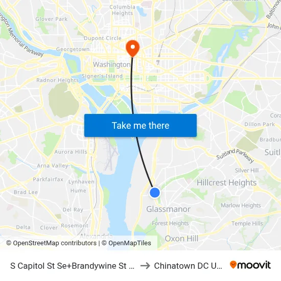 S Capitol St Se+Brandywine St SE to Chinatown DC USA map