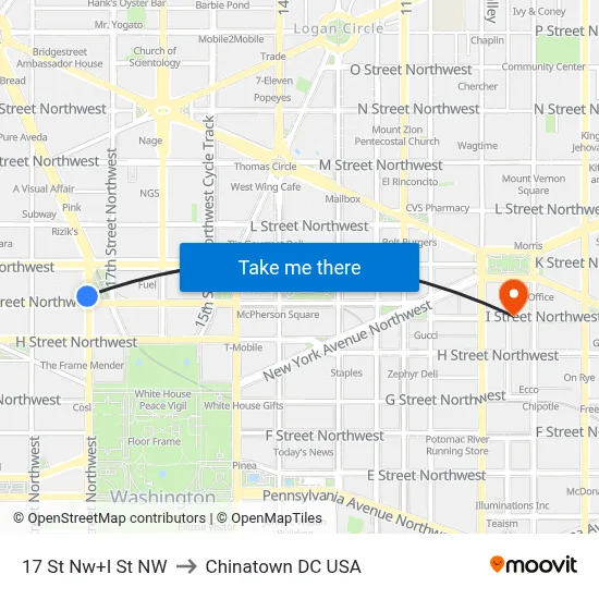 17 St Nw+I St NW to Chinatown DC USA map