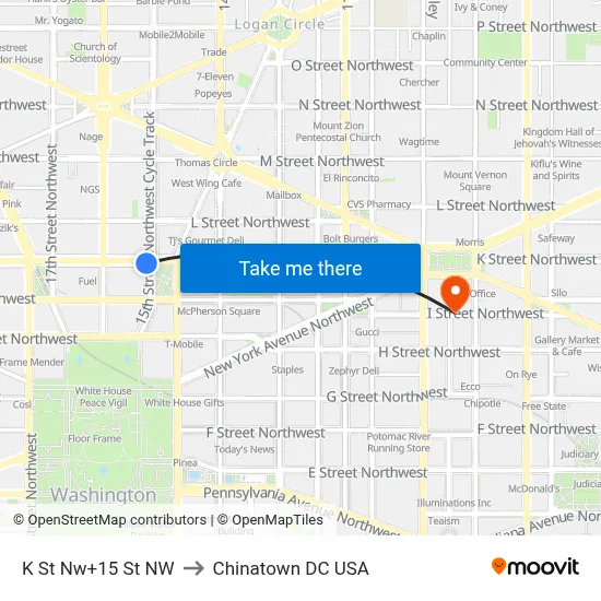 K St Nw+15 St NW to Chinatown DC USA map