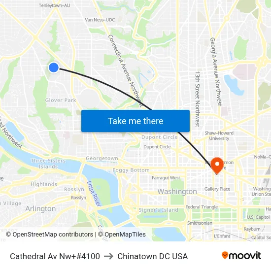 Cathedral Av Nw+#4100 to Chinatown DC USA map