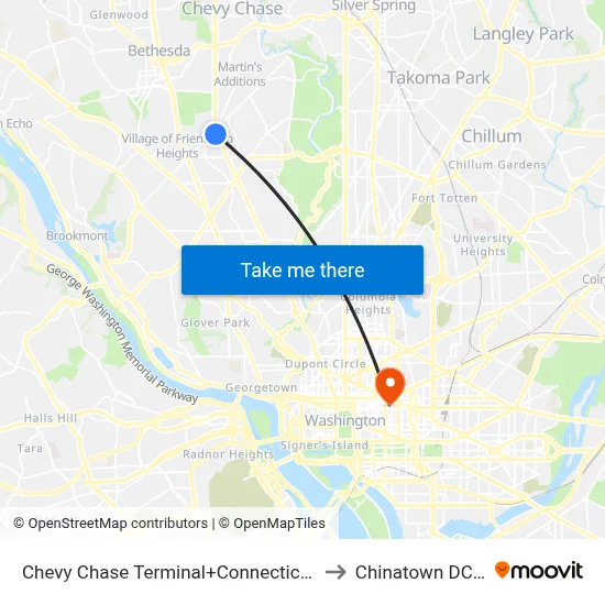 Chevy Chase Terminal+Connecticut Av NW to Chinatown DC USA map