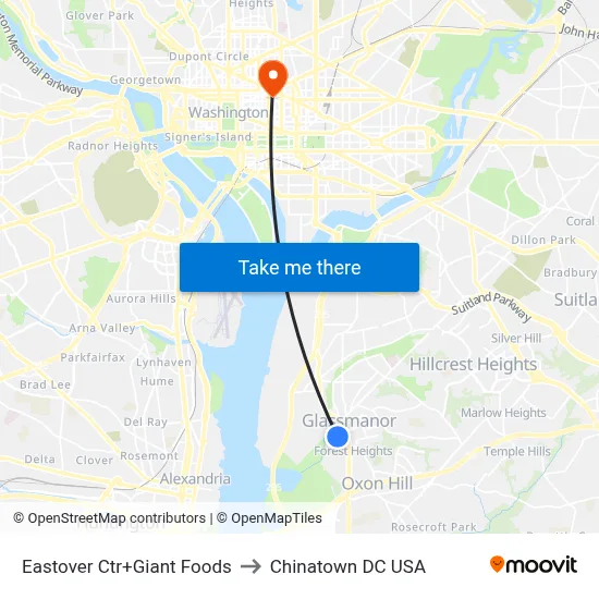Eastover Ctr+Giant Foods to Chinatown DC USA map