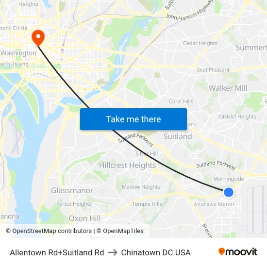 Allentown Rd+Suitland Rd to Chinatown DC USA map
