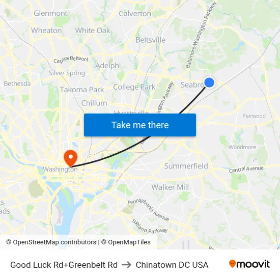 Good Luck Rd+Greenbelt Rd to Chinatown DC USA map