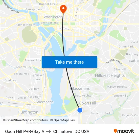 Oxon Hill P+R+Bay A to Chinatown DC USA map