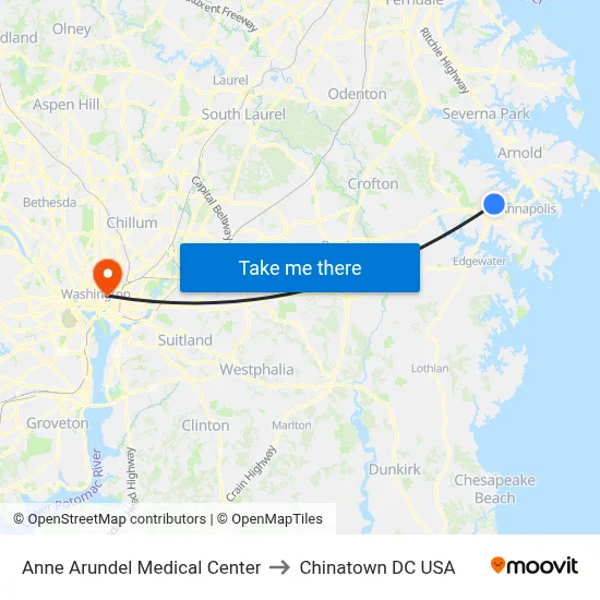 Anne Arundel Medical Center to Chinatown DC USA map