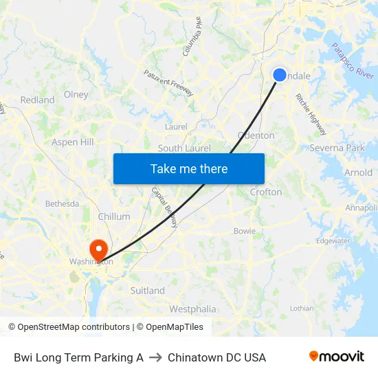 Bwi Long Term Parking A to Chinatown DC USA map