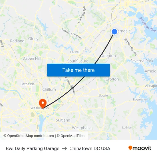 Bwi Daily Parking Garage to Chinatown DC USA map