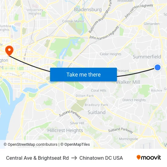 Central Ave & Brightseat Rd to Chinatown DC USA map