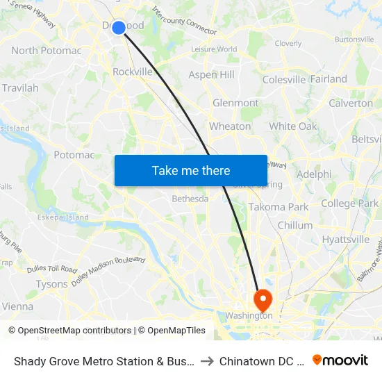Shady Grove Metro Station & Bus Bay C to Chinatown DC USA map