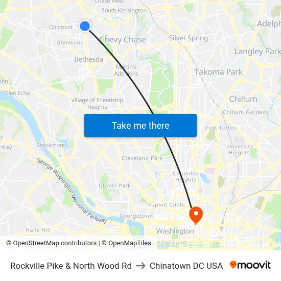 Rockville Pike & North Wood Rd to Chinatown DC USA map