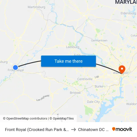 Front Royal (Crooked Run Park & Ride) to Chinatown DC USA map