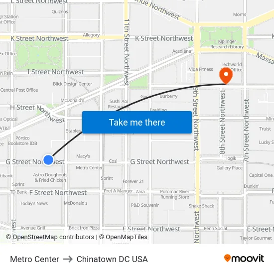 Metro Center to Chinatown DC USA map