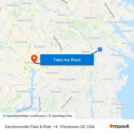 Davidsonville Park & Ride to Chinatown DC USA map
