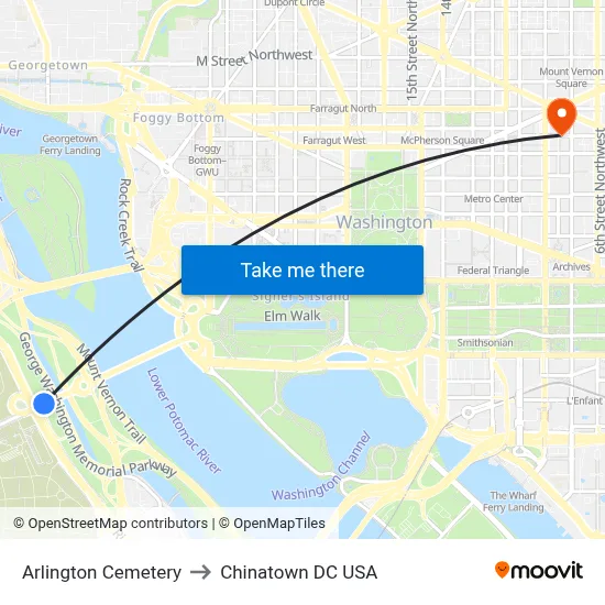 Arlington Cemetery to Chinatown DC USA map