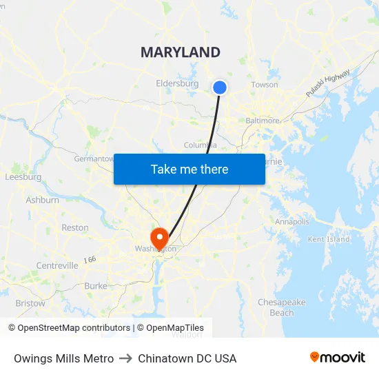 Owings Mills Metro to Chinatown DC USA map