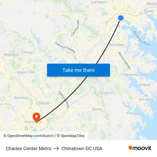 Charles Center Metro to Chinatown DC USA map