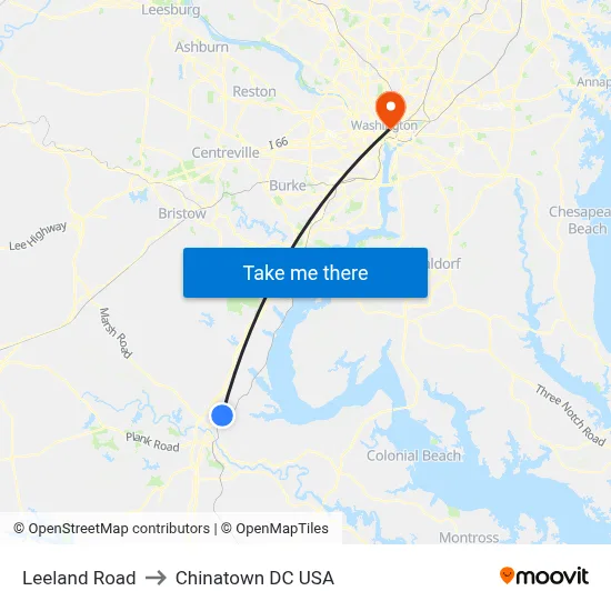 Leeland Road to Chinatown DC USA map