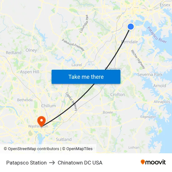Patapsco Station to Chinatown DC USA map