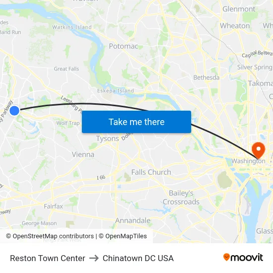 Reston Town Center to Chinatown DC USA map