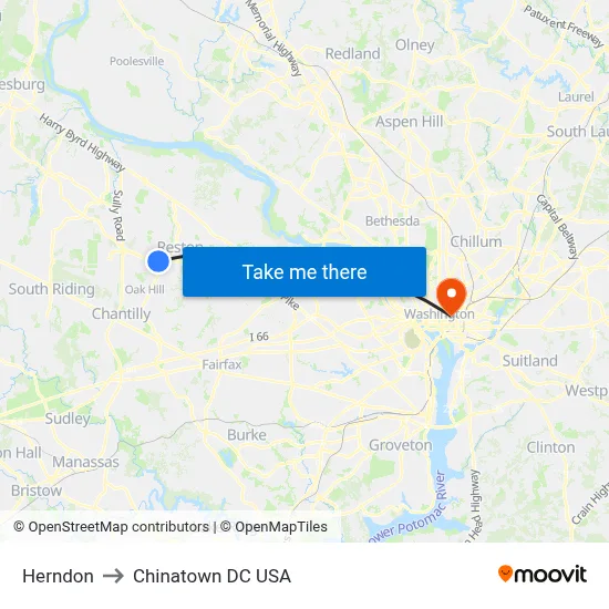 Herndon to Chinatown DC USA map