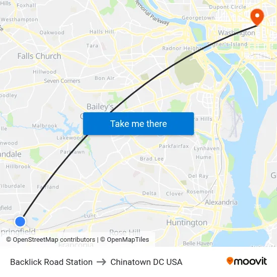 Backlick Road Station to Chinatown DC USA map
