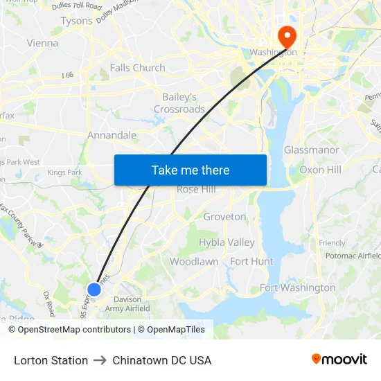 Lorton Station to Chinatown DC USA map